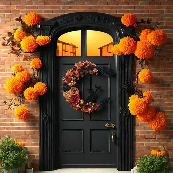 Lisslune | Rustic Witch Crescent Moon Floral Wreath for Halloween Door Décor
