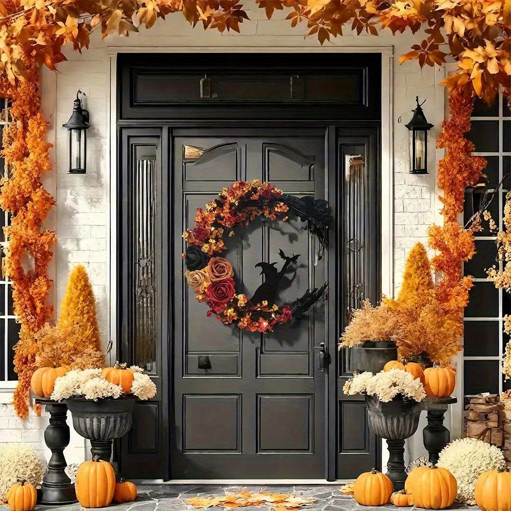 Lisslune | Rustic Witch Crescent Moon Floral Wreath for Halloween Door Décor