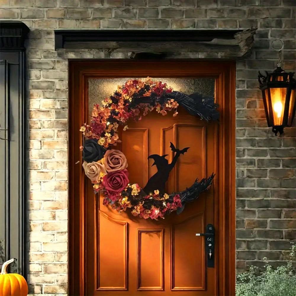 Lisslune | Rustic Witch Crescent Moon Floral Wreath for Halloween Door Décor