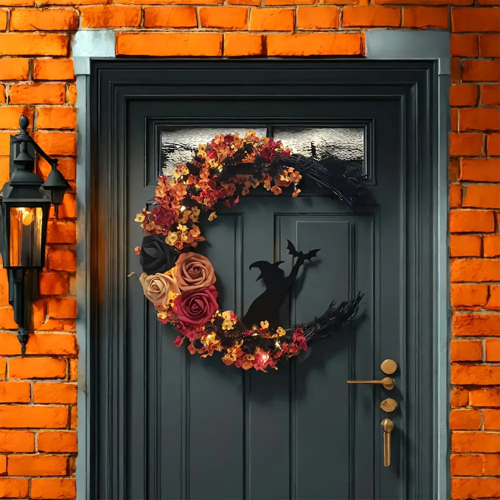Lisslune | Rustic Witch Crescent Moon Floral Wreath for Halloween Door Décor