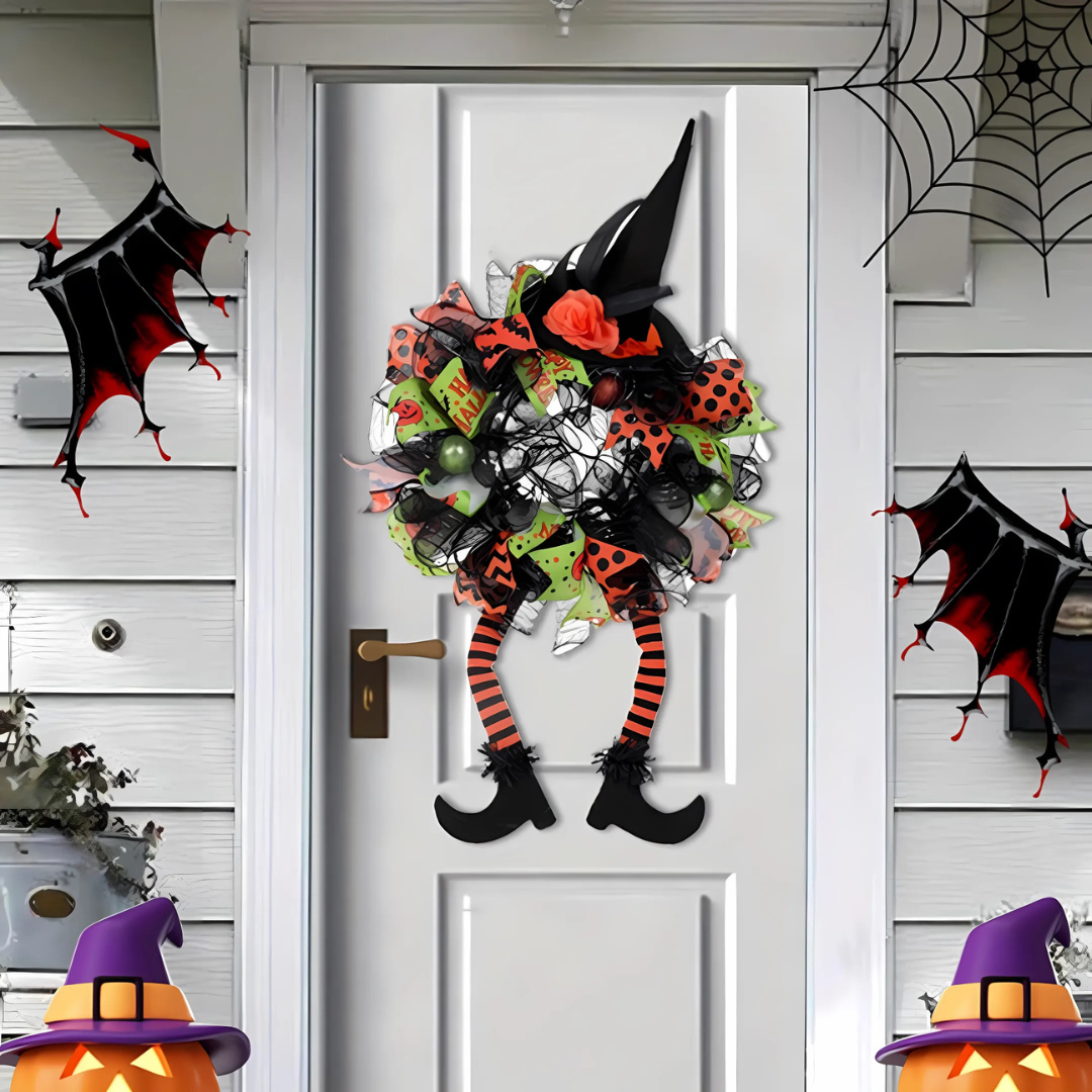 Lisslune | Halloween Witch Mesh Wreath – Whimsical Front Door Wreath for Spooky Season Decor