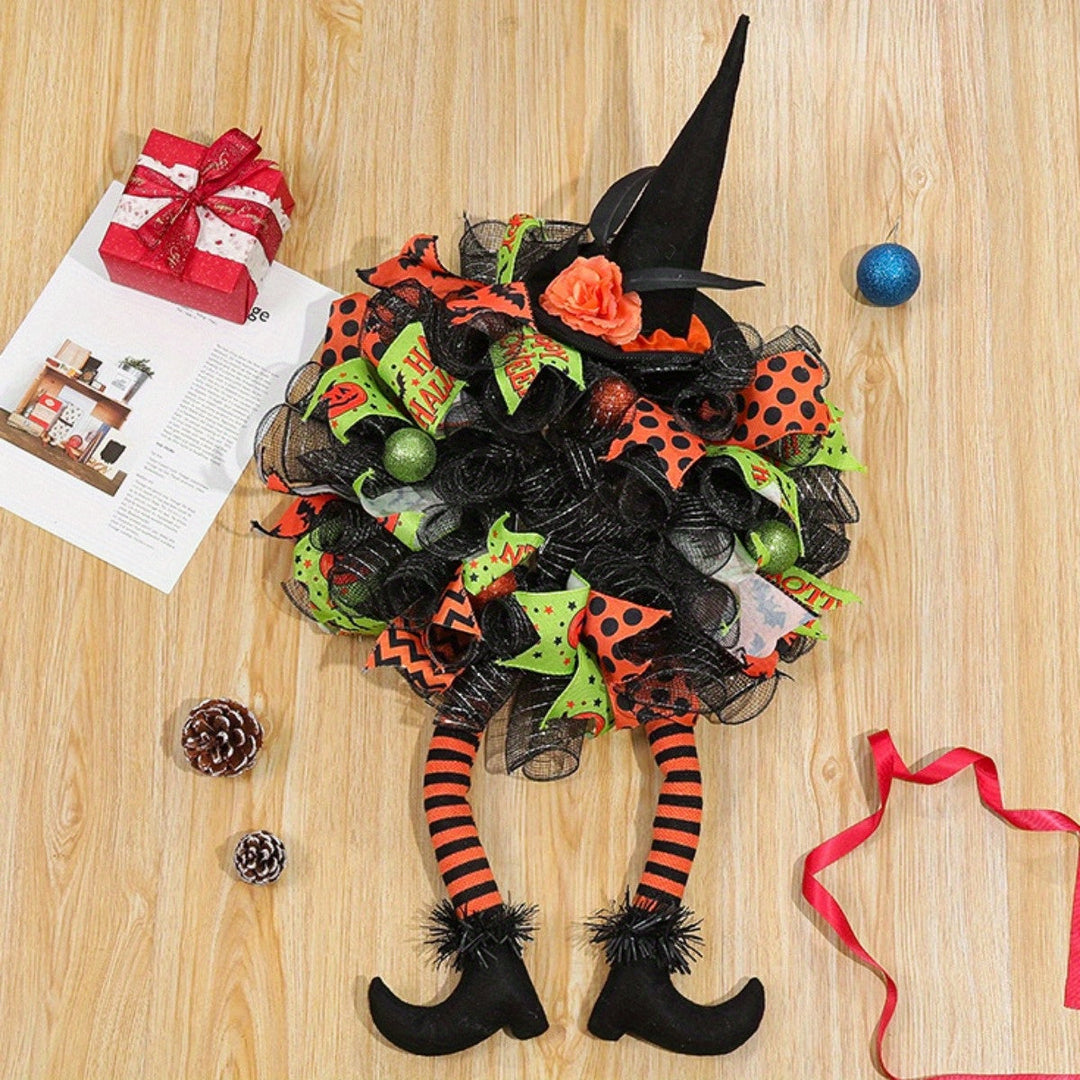 Lisslune | Halloween Witch Mesh Wreath – Whimsical Front Door Wreath for Spooky Season Decor