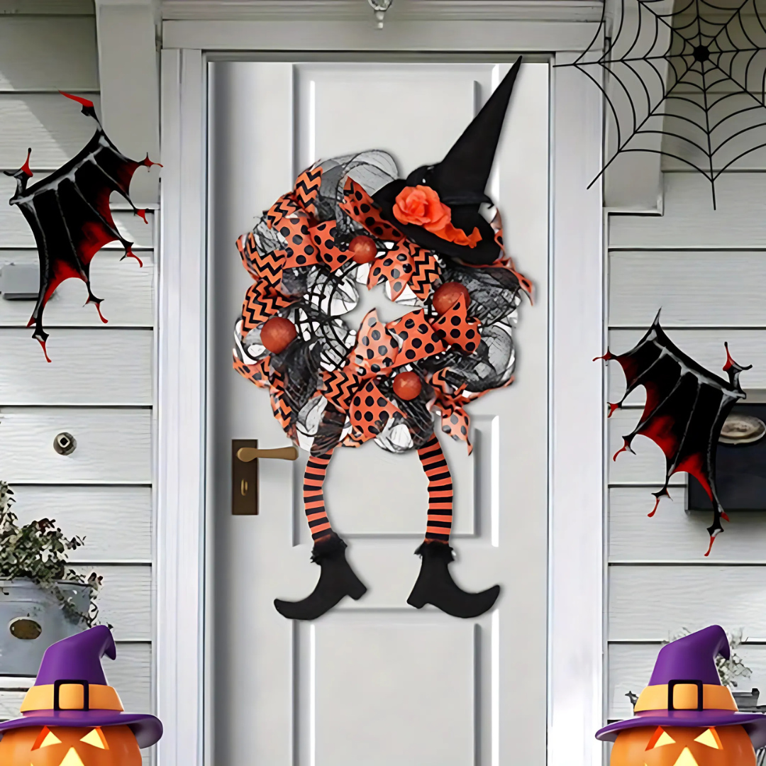 Lisslune | Halloween Witch Mesh Wreath – Whimsical Front Door Wreath for Spooky Season Decor