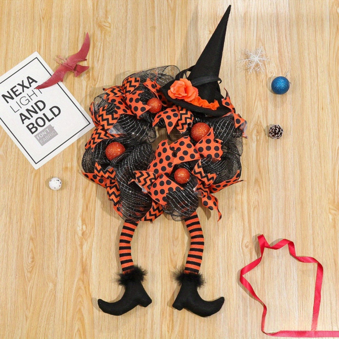 Lisslune | Halloween Witch Mesh Wreath – Whimsical Front Door Wreath for Spooky Season Decor