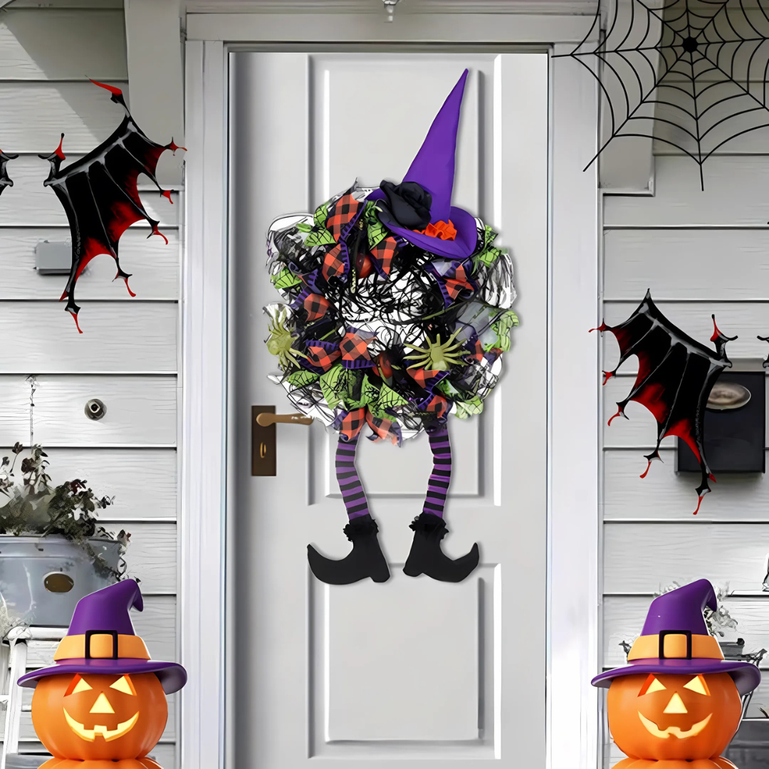Lisslune | Halloween Witch Mesh Wreath – Whimsical Front Door Wreath for Spooky Season Decor