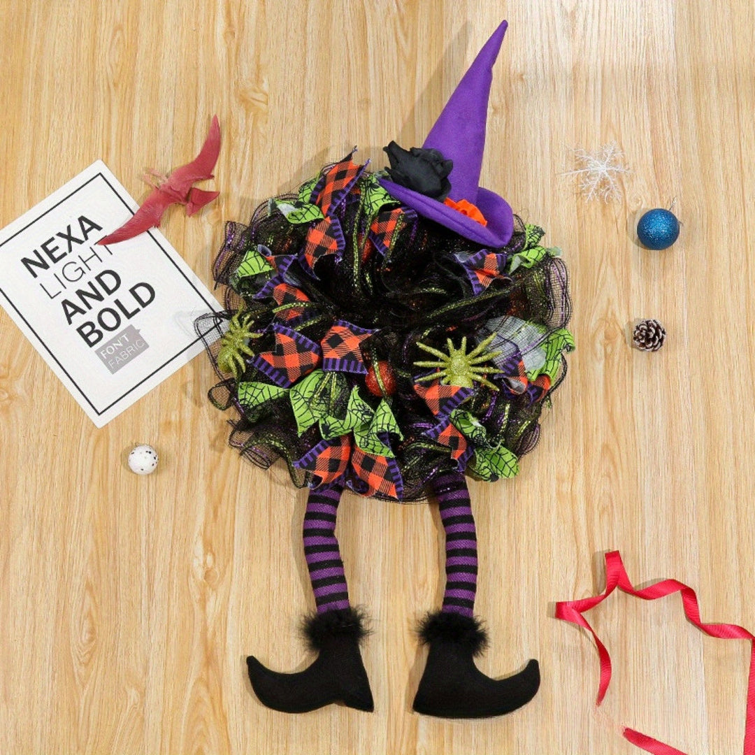 Lisslune | Halloween Witch Mesh Wreath – Whimsical Front Door Wreath for Spooky Season Decor