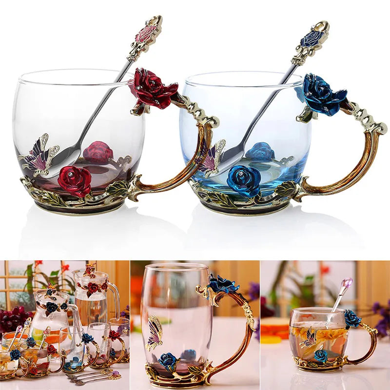 Lisslune | Handcrafted Enamel Coffee Mugs Rose-Glass Tea Cup with Steel Spoon Luxury Unique Gifts for Wedding Valentine's Day Birthday Gifts