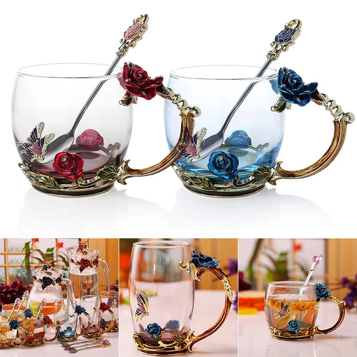 Lisslune | Handcrafted Enamel Coffee Mugs Rose-Glass Tea Cup with Steel Spoon Luxury Unique Gifts for Wedding Valentine's Day Birthday Gifts