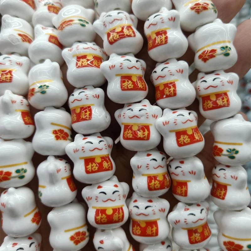 Lisslune | Charming Lucky Cat Ceramic Beads Set - 20 Playful Pieces for DIY Jewelry Creations (15 mm x 17 mm)