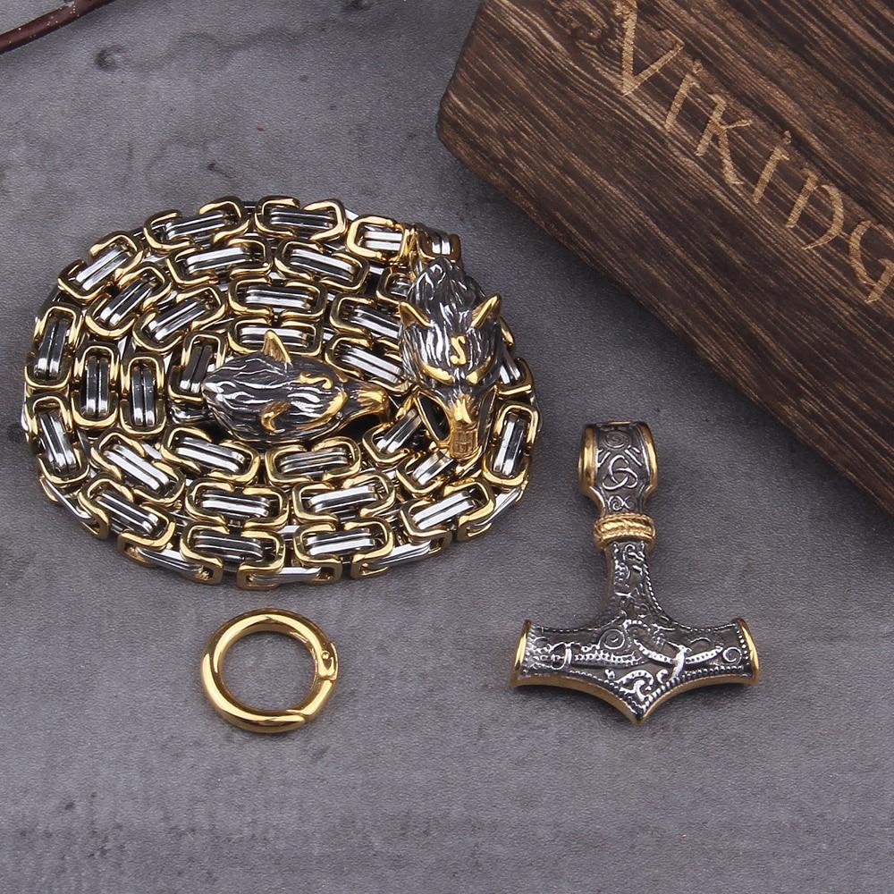 Lisslune | 60–90 cm Stainless Steel Double Wolf Head & Mjolnir Survival Spirit Necklace/Bracelet