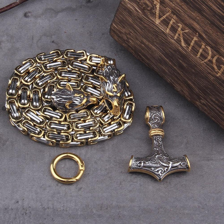 Lisslune | 60–90 cm Stainless Steel Double Wolf Head & Mjolnir Survival Spirit Necklace/Bracelet