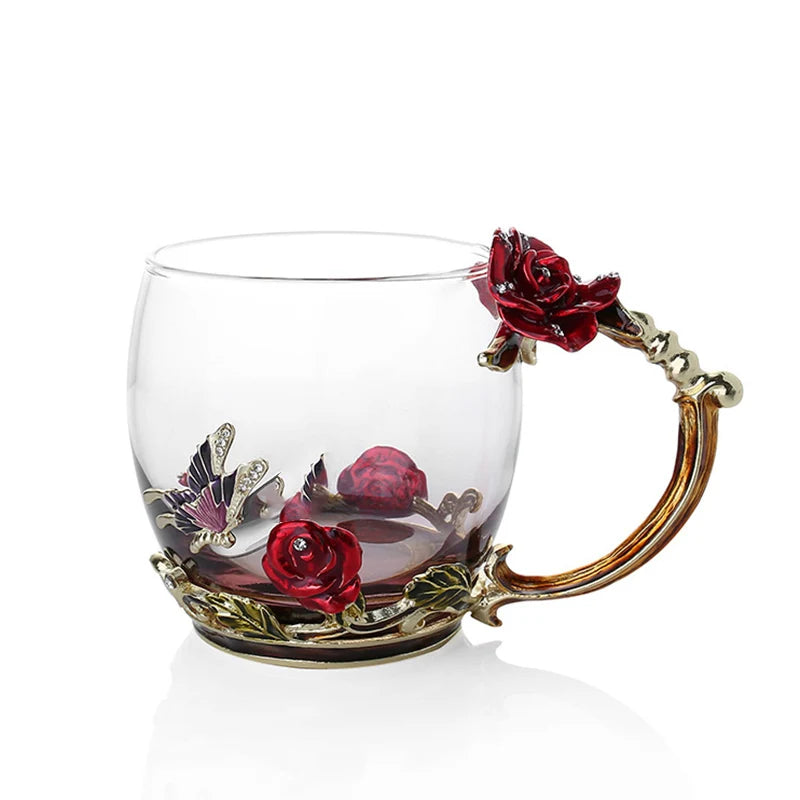 Lisslune | Handcrafted Enamel Coffee Mugs Rose-Glass Tea Cup with Steel Spoon Luxury Unique Gifts for Wedding Valentine's Day Birthday Gifts