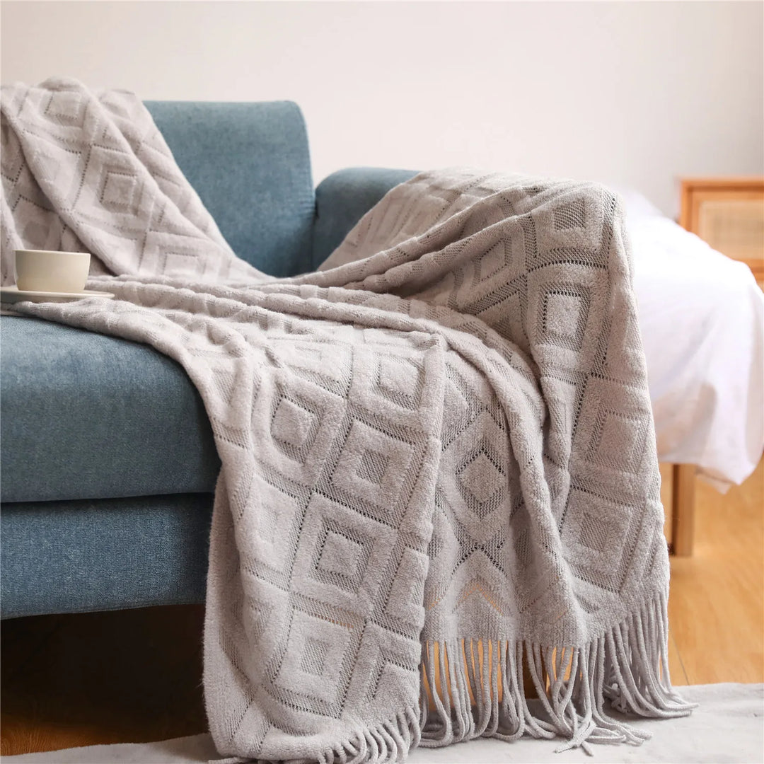 Rynx | Textile City Diamond-shaped Cashmere Sofa Blanket Solid Winter Thickened Knit Fringe Blanket Office Nap Jacquard DIY Towel