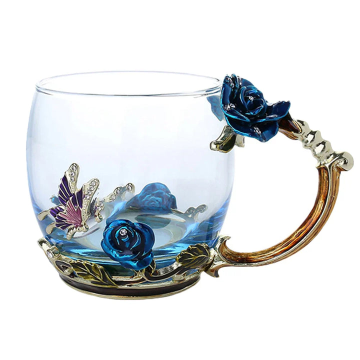 Lisslune | Handcrafted Enamel Coffee Mugs Rose-Glass Tea Cup with Steel Spoon Luxury Unique Gifts for Wedding Valentine's Day Birthday Gifts