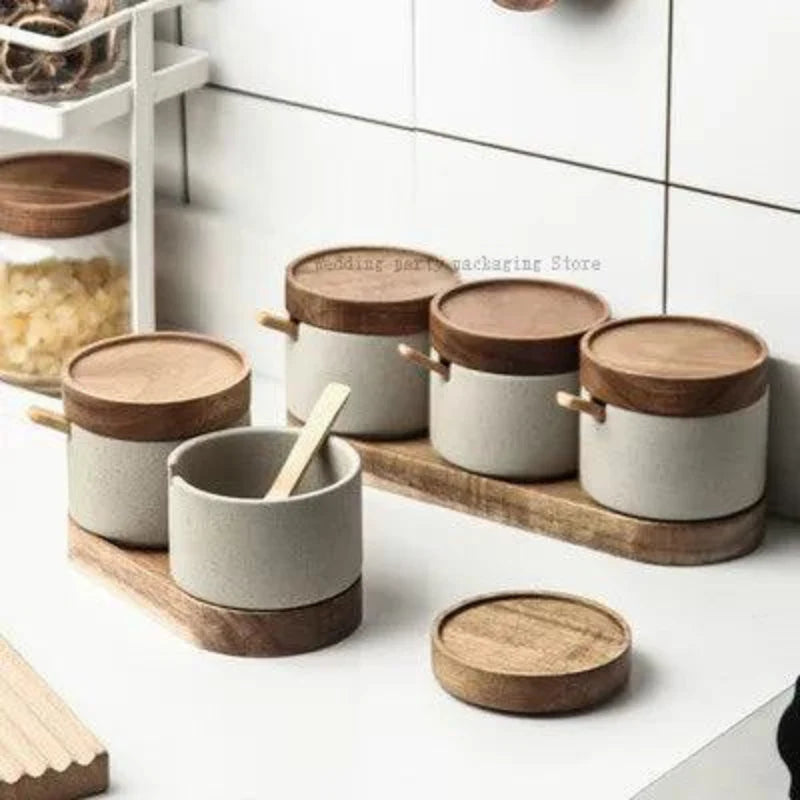 Lisslune | Vintage Japanese Ceramic Spice Storage Set with Acacia Wood Tray