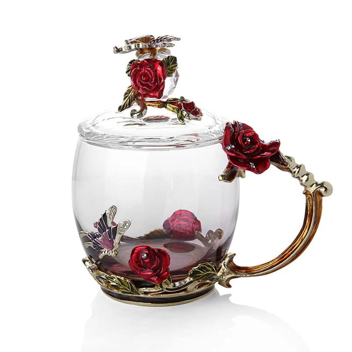 Lisslune | Handcrafted Enamel Coffee Mugs Rose-Glass Tea Cup with Steel Spoon Luxury Unique Gifts for Wedding Valentine's Day Birthday Gifts