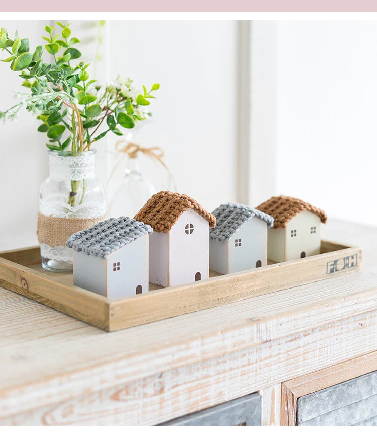 Rynx | Nordic Wooden House Ornaments Home Decor Wood Architecture with Woven Evidence Sweet Desk Miniature Craft Work Children's Room Decor