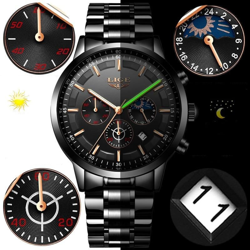 Lisslune | Military Black Steel Watch – Men's Stainless Steel Wristwatch with Day, Date & Night Display