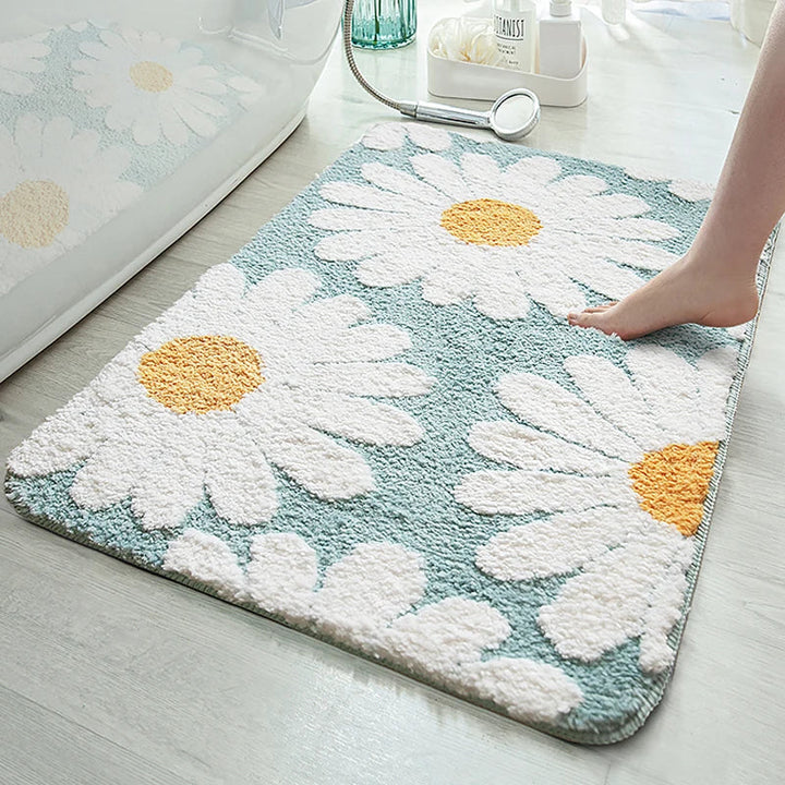 Rynx | Daisy Bathroom Mat Nordic Fluffy Rug Area Rug Bathroom Floor Floral Absorbent Non-Slip Cushioned Bath Mat Foot Mat Home Decor