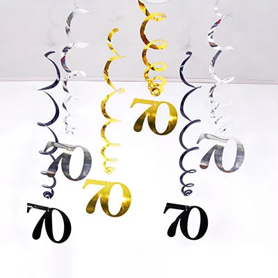 Rynx | 6 Pieces/Pack Spiral 18 21 25 30 40 50 60 70 80 90 Years Birthday Swirl Hanging Ornaments Black Gold Silver Birthday Deco
