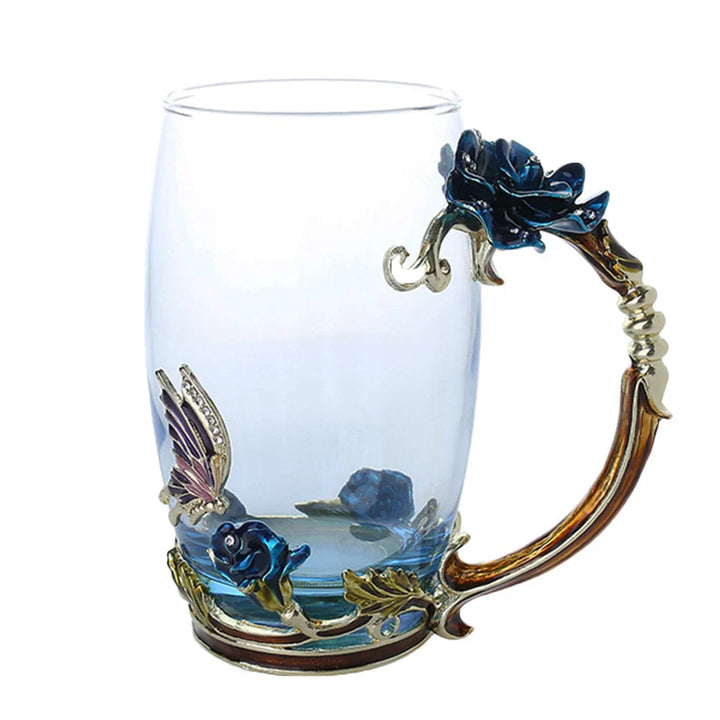 Lisslune | Handcrafted Enamel Coffee Mugs Rose-Glass Tea Cup with Steel Spoon Luxury Unique Gifts for Wedding Valentine's Day Birthday Gifts