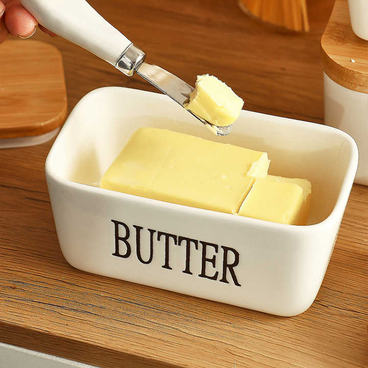 Lisslune | Rectangular Ceramic Butter Dish Sealed Storage Container Western Cheese Jug Butter Glass for Storage for Restaurant 15x8.5 cm