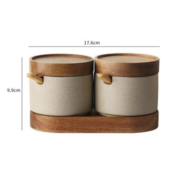 Lisslune | Vintage Japanese Ceramic Spice Storage Set with Acacia Wood Tray