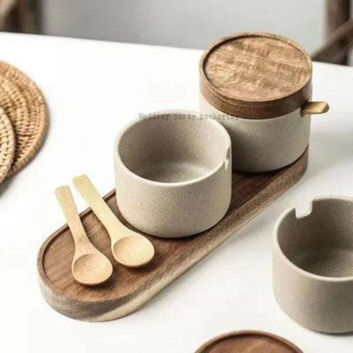 Lisslune | Vintage Japanese Ceramic Spice Storage Set with Acacia Wood Tray