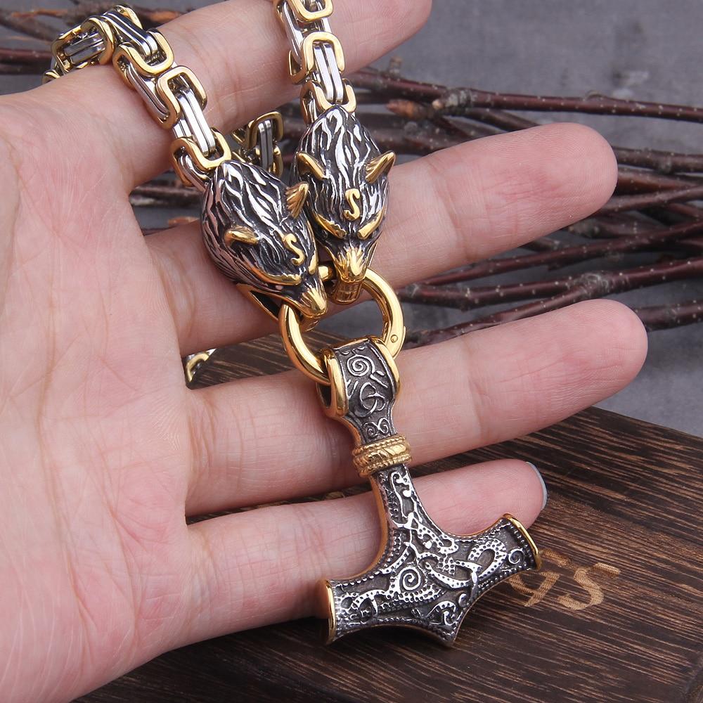 Lisslune | 60–90 cm Stainless Steel Double Wolf Head & Mjolnir Survival Spirit Necklace/Bracelet