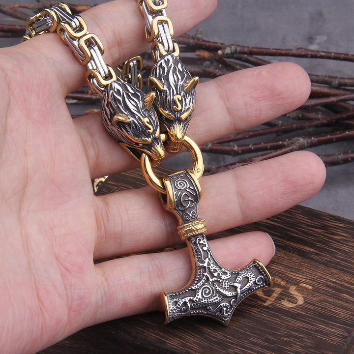 Lisslune | 60–90 cm Stainless Steel Double Wolf Head & Mjolnir Survival Spirit Necklace/Bracelet