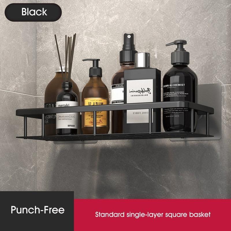 Lisslune | Modern black bathroom storage caddy made of stainless steel with towel holder and superior drainage system