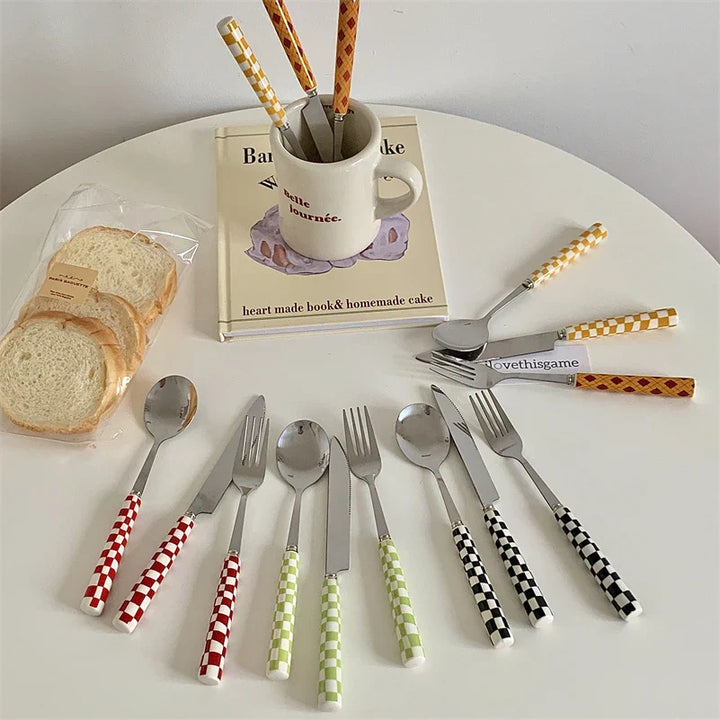 Rynx | Ins Style Dessert Steak Stainless Steel Knife Fork Spoon Cutlery Checkerboard Grid Glossy Ceramic Handle 3 Pieces/Set