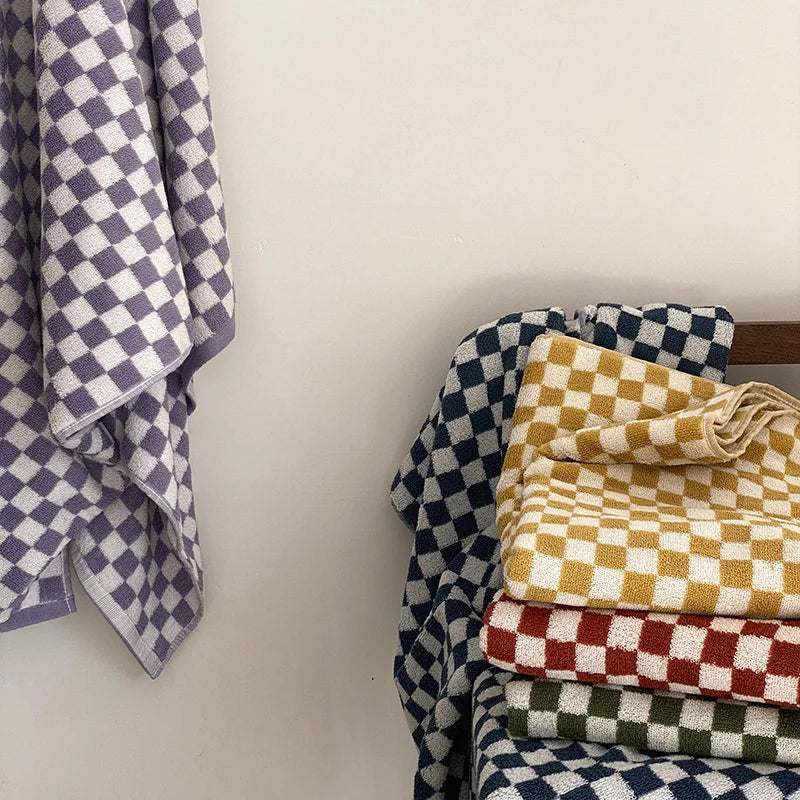 Rynx | Retro Checkerboard Plaid Long Staple Cotton Towel Soft Skin-Friendly Face Cloths Absorbent Bath Towel for Home & Hotel Supplies