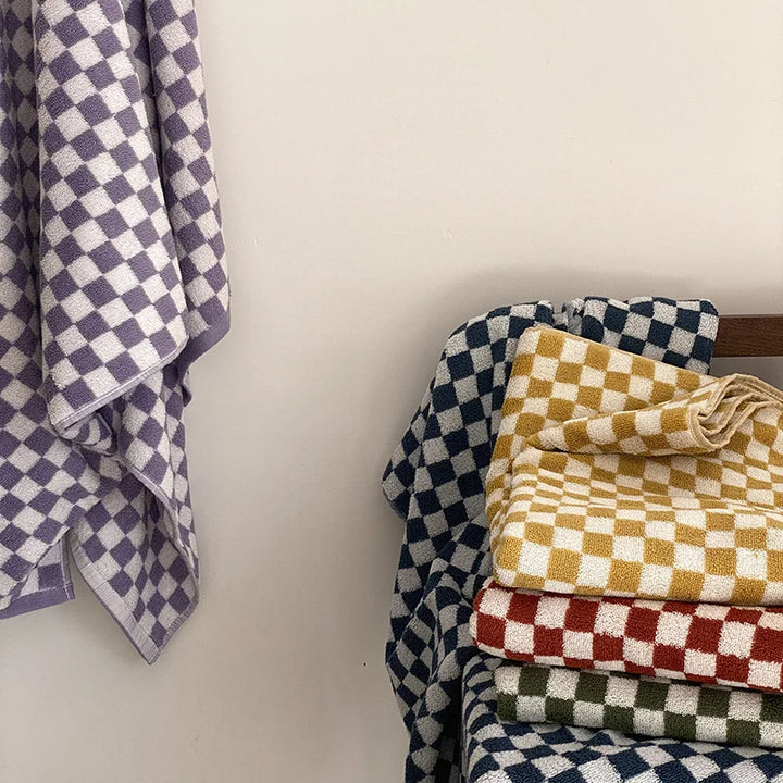 Rynx | Retro Checkerboard Plaid Long Staple Cotton Towel Soft Skin-Friendly Face Cloths Absorbent Bath Towel for Home & Hotel Supplies