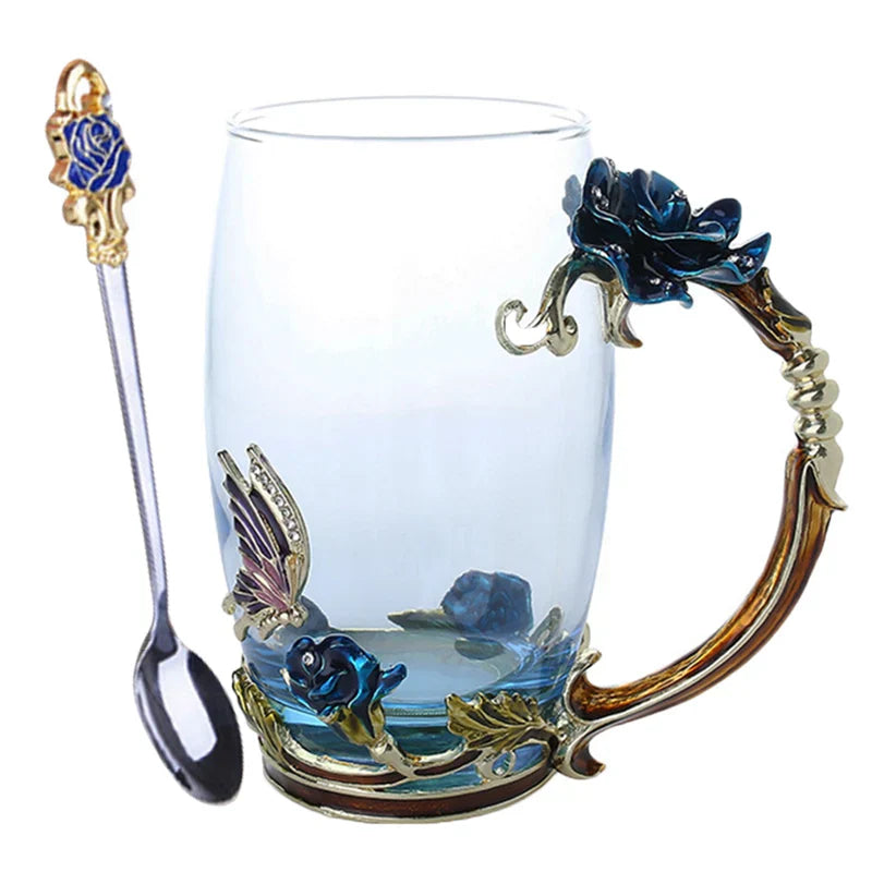 Lisslune | Handcrafted Enamel Coffee Mugs Rose-Glass Tea Cup with Steel Spoon Luxury Unique Gifts for Wedding Valentine's Day Birthday Gifts