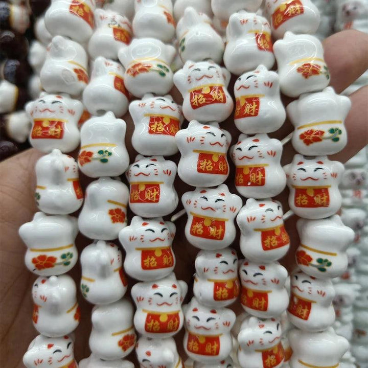 Lisslune | Charming Lucky Cat Ceramic Beads Set - 20 Playful Pieces for DIY Jewelry Creations (15 mm x 17 mm)