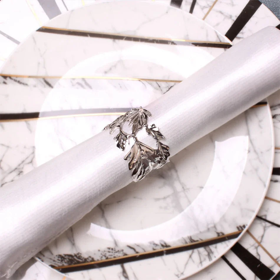Rynx | 4PCS Ginkgo Leaf Metal Napkin Ring, Pearl Flower Napkin Holder, for Wedding Valentine's Day Party Home Dining Room Table Decoration