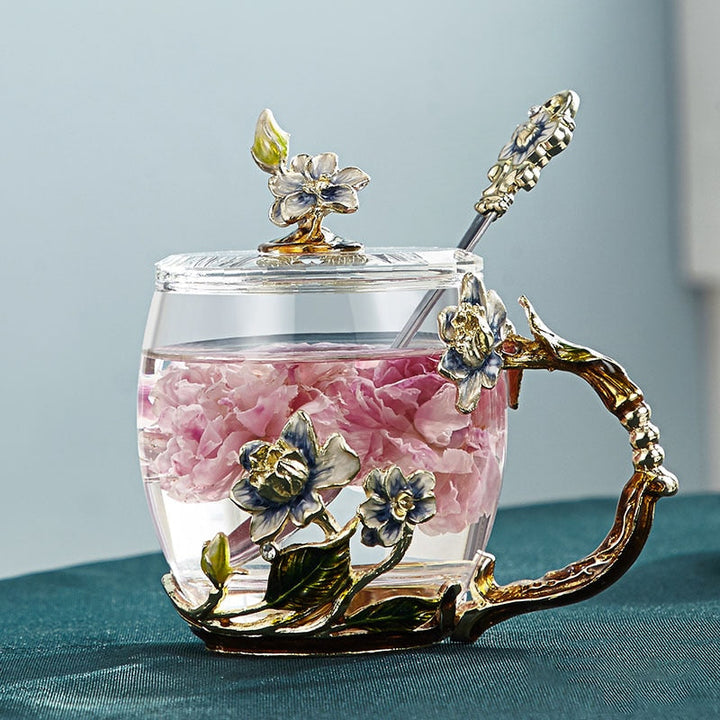 Lisslune | Handcrafted enamel flower glass mug for couples love gift can serve coffee, flavored tea or even lemon juice in