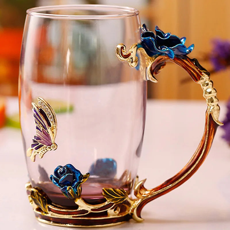 Lisslune | Handcrafted Enamel Coffee Mugs Rose-Glass Tea Cup with Steel Spoon Luxury Unique Gifts for Wedding Valentine's Day Birthday Gifts
