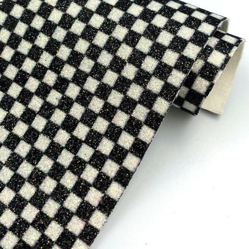Lisslune | Glossy black-white checked synthetic leather craft fabric