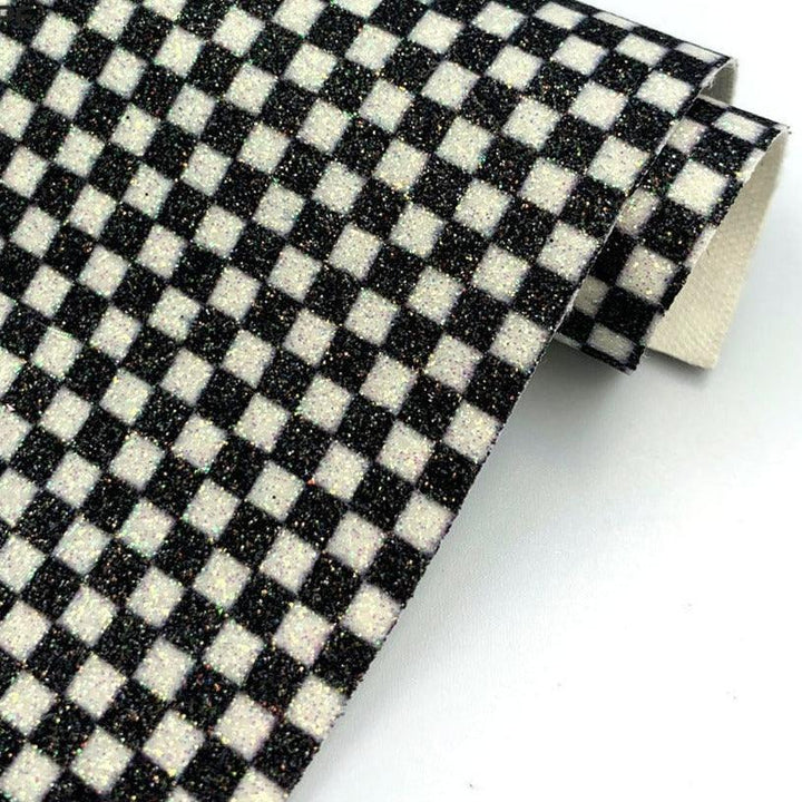 Lisslune | Glossy black-white checked synthetic leather craft fabric