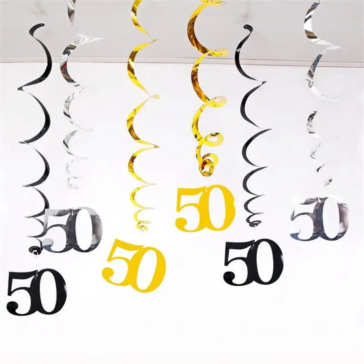 Rynx | 6 Pieces/Pack Spiral 18 21 25 30 40 50 60 70 80 90 Years Birthday Swirl Hanging Ornaments Black Gold Silver Birthday Deco