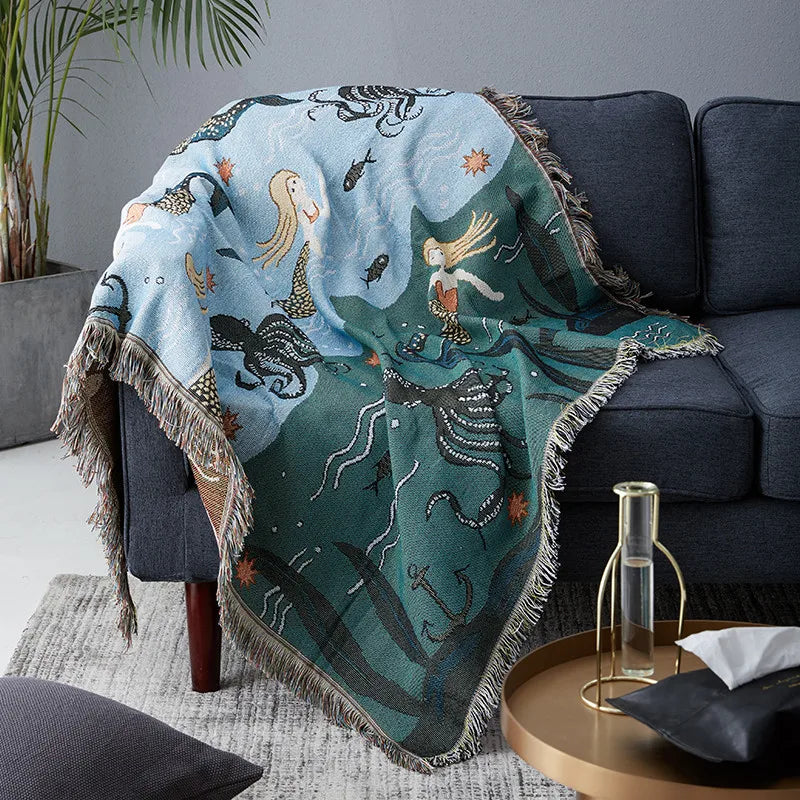 Rynx | Textile City Nordic Style Throw Blanket Mermaid Pattern Blanket for Bed Living Room Tapestry Carpet Sofa Bedspread Bedding
