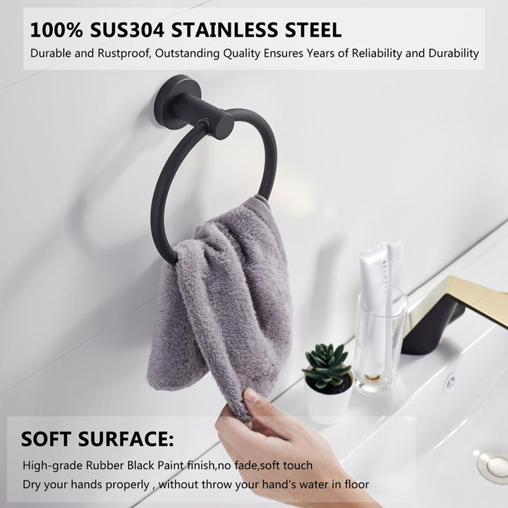 Lisslune | Towel ring made of 304 stainless steel in chrome, Round simple design, Black, European bathroom accessories, Rustproof