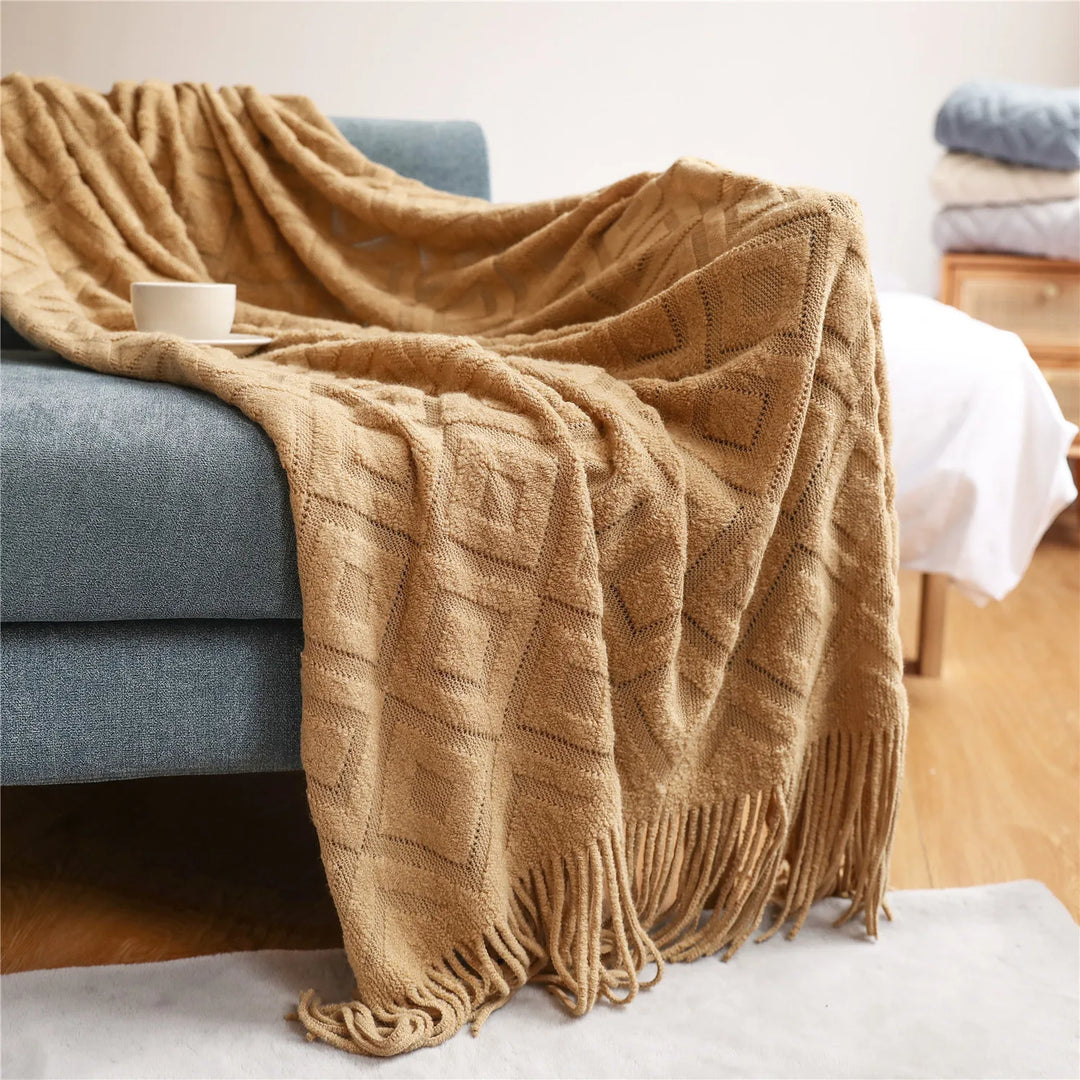 Rynx | Textile City Diamond-shaped Cashmere Sofa Blanket Solid Winter Thickened Knit Fringe Blanket Office Nap Jacquard DIY Towel