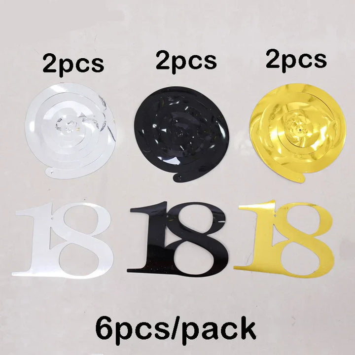 Rynx | 6 Pieces/Pack Spiral 18 21 25 30 40 50 60 70 80 90 Years Birthday Swirl Hanging Ornaments Black Gold Silver Birthday Deco