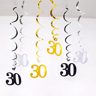 Rynx | 6 Pieces/Pack Spiral 18 21 25 30 40 50 60 70 80 90 Years Birthday Swirl Hanging Ornaments Black Gold Silver Birthday Deco