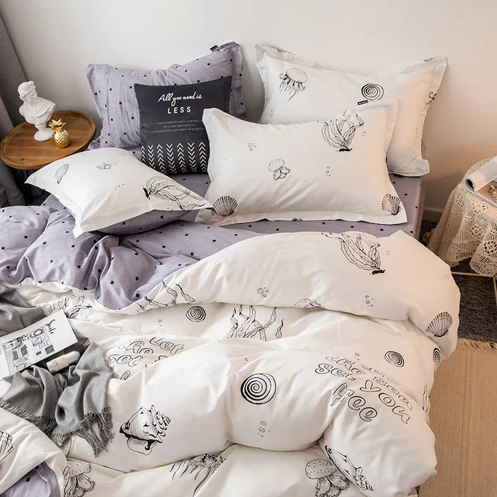 Rynx | New four-piece bedding set simple cotton double bed sheet duvet cover thickening sanding dormitory bed sheet white