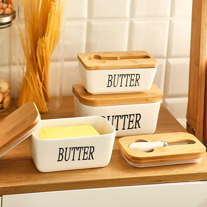 Lisslune | Rectangular Ceramic Butter Dish Sealed Storage Container Western Cheese Jug Butter Glass for Storage for Restaurant 15x8.5 cm
