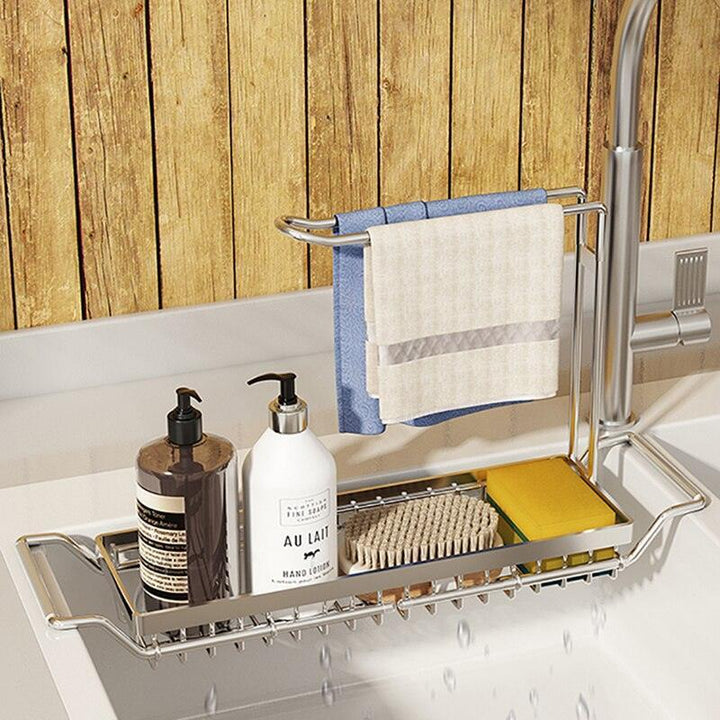 Lisslune | Adjustable Stainless Steel Sink Rack with Integrated Towel Holder - Perfect for Organizing Kitchen and Bath